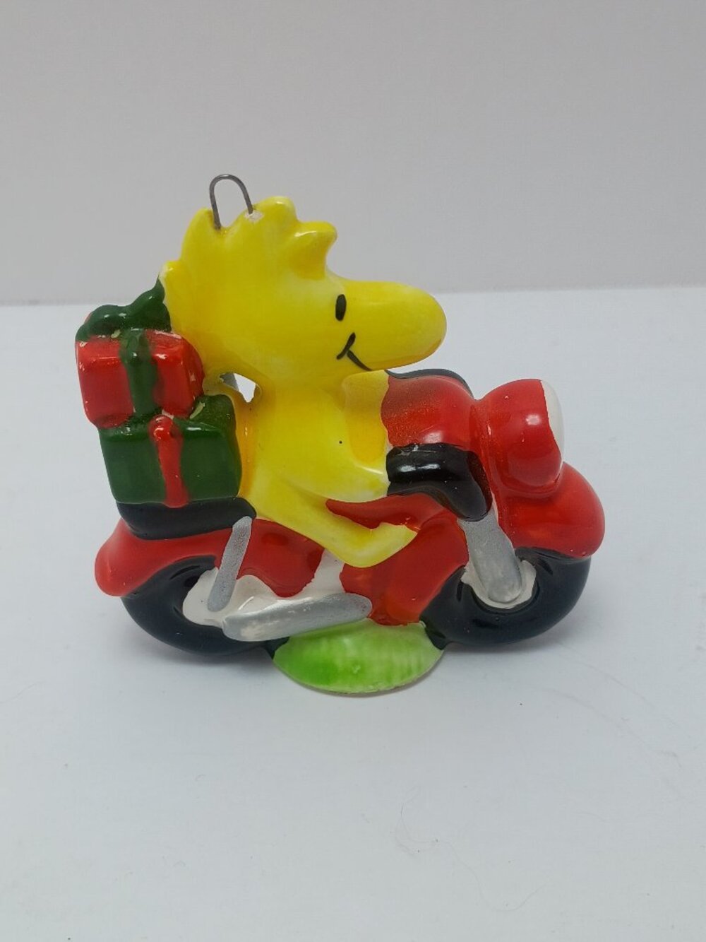 Vintage Peanuts Snoopy Woodstock Motorcycle Ceramic Christmas Ornament 1965